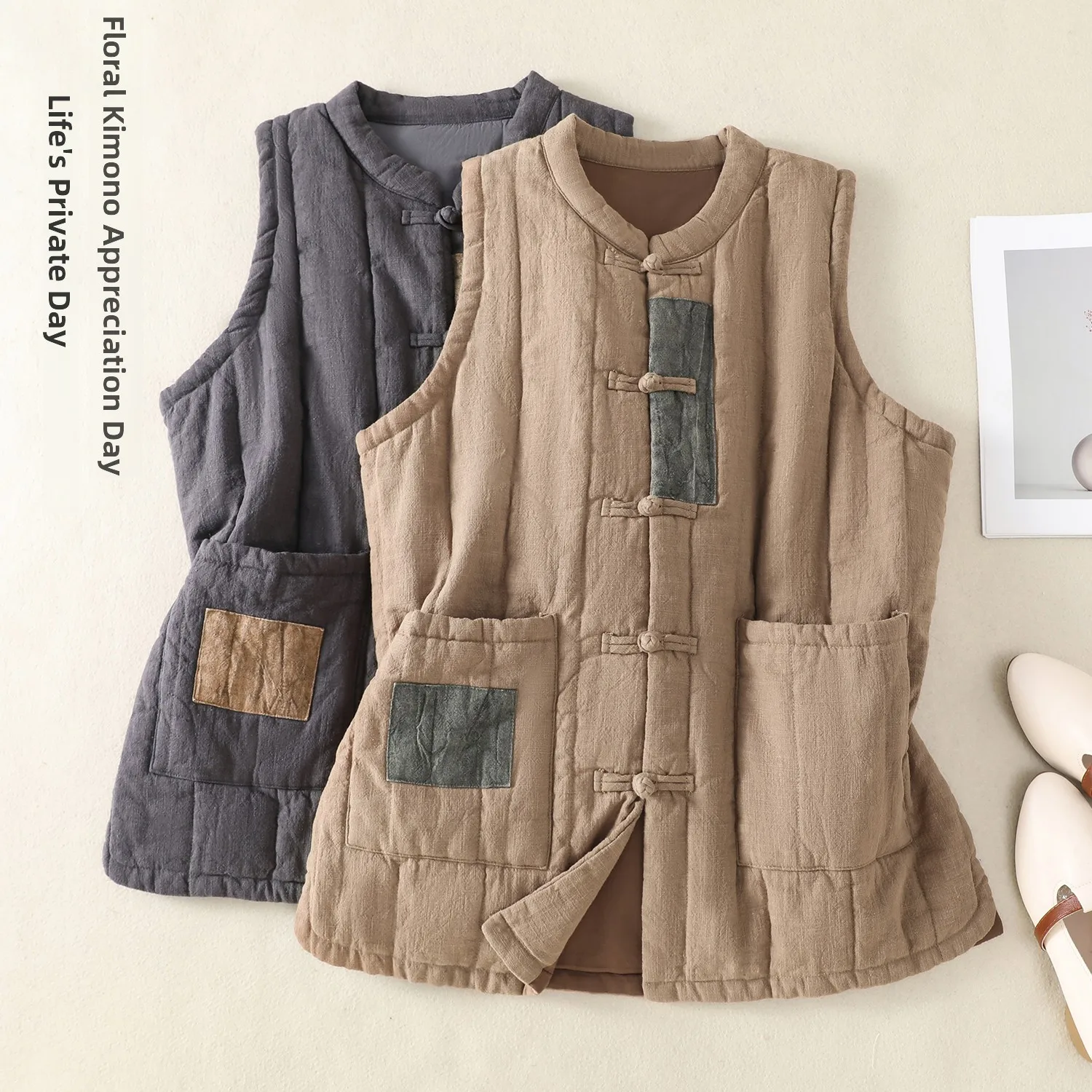 

Thiened хлопковый льняной жилет, новый зимний свободный женский теплый жилет с хлопковым наполнителем, воротник-стойка, надежный
