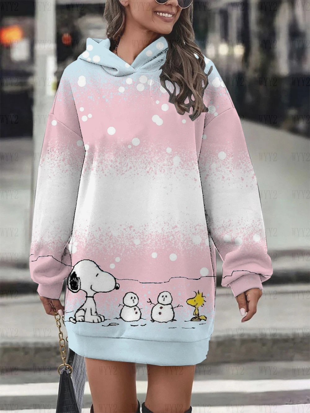 Women\'s spring and autumn Disney printed Snoopy new long-sleeved hoodie dress cartoon women\'s street casual fashion sweater dres