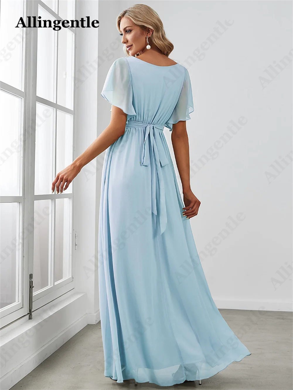 Allingentle Light Blue Elegant Bridesmaid Women Dress  A-Line V-Neck Ruffles Sleeve Chiffon Maxi Dress Floor Length With Belt