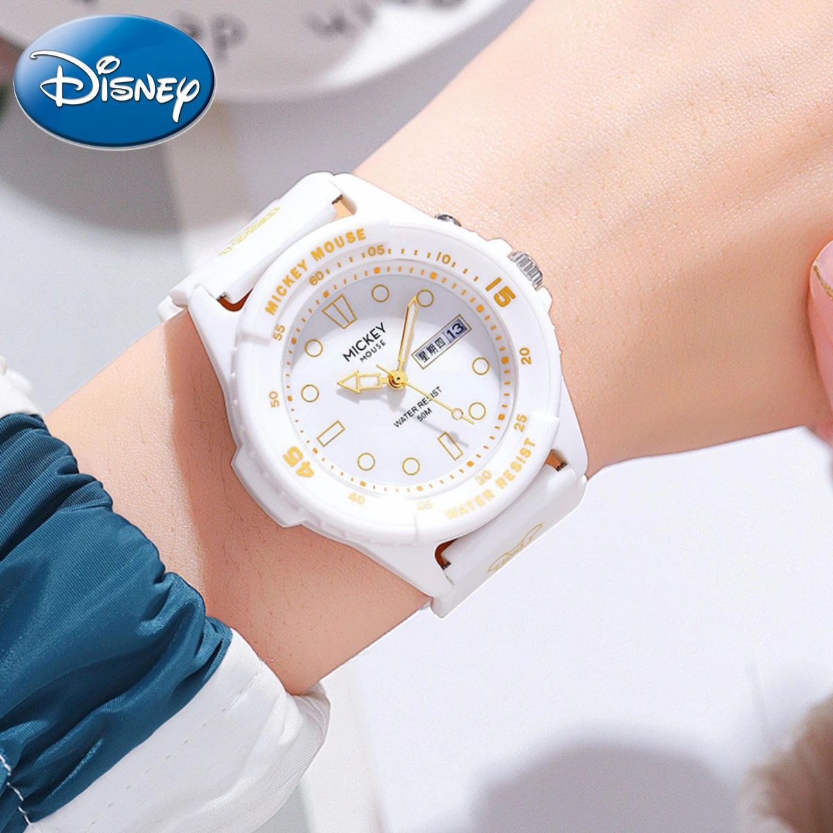 Disney-mickey relógio de quartzo para crianças, dual display, co-marca, calendário, semana, estudante, presente com caixa