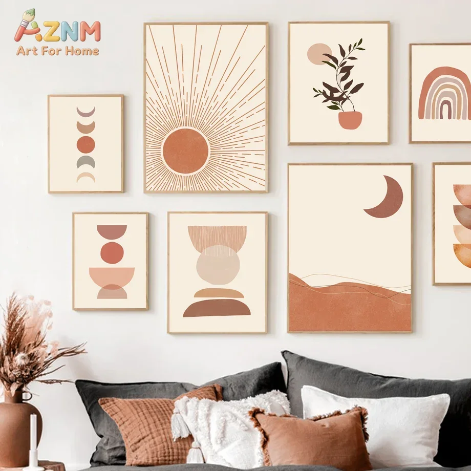 AZNM Terracotta Boho Abstract Canvas Print Sun Moon Phase Rainbow Plant Geometric Neutral Minimalist Mountain Line Wall Poster U