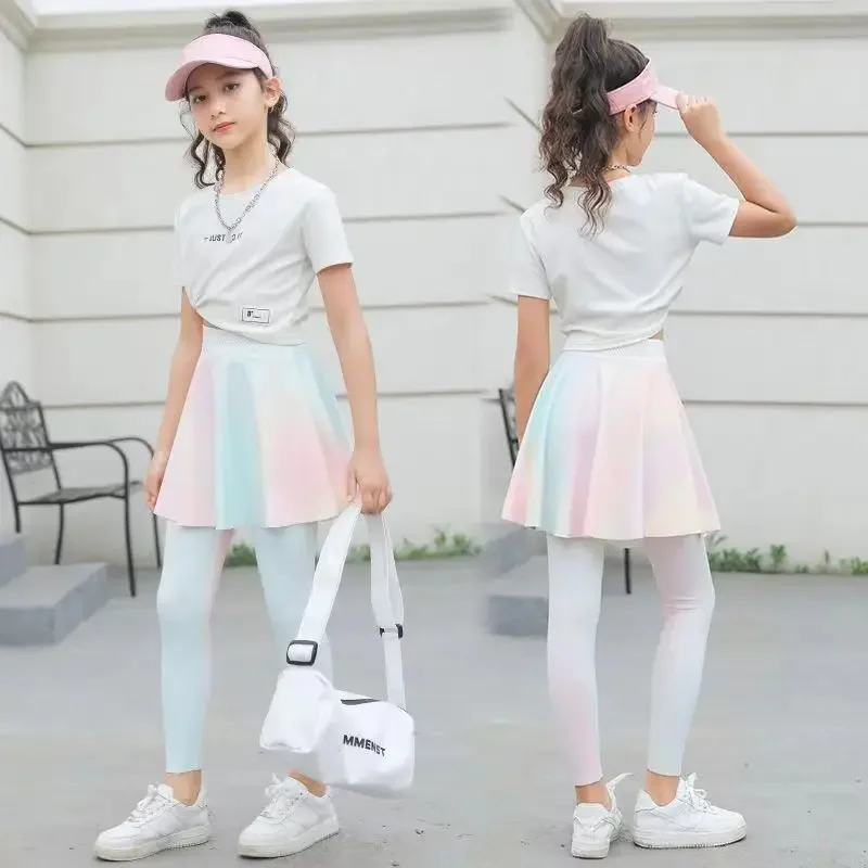 Kids Girls Rainbow Skirt Leggings 2024 New Arrrival Skinny Pants Children Dance Clothing Yoga Pants Teenage Tennis Skirt Pants