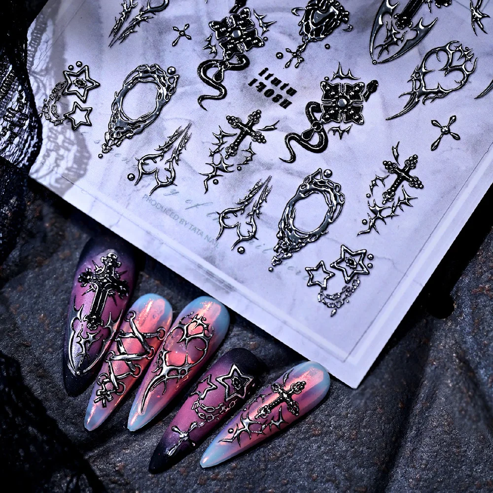Punk Y2K Dark Grunge Nagelaufkleber 5D Geprägte Gothic Totem Sticker Kreuz Schlangen Dornen Nagelaufkleber Tribal Linienmuster Aufkleber