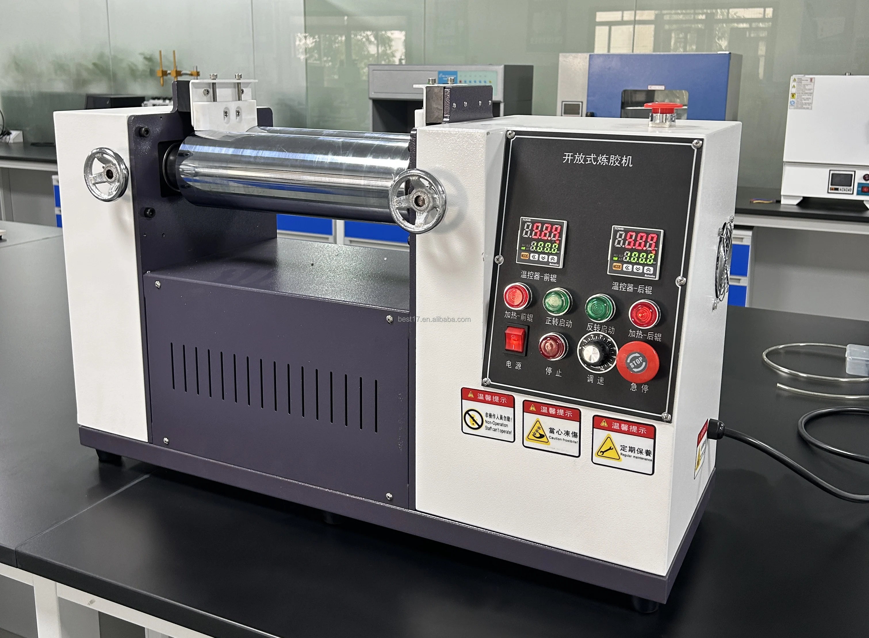 Two Roll Open Mill Rubber Mixing Machine Key Stroke for Rubber Testing 220V 1 Year Warranty 100mm/3in Roller Diameter Collision