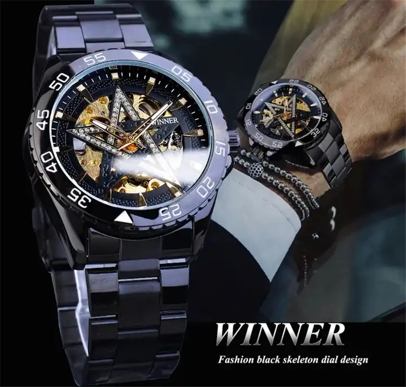 WINNER 337C Skeleton Military Automatic Men Watch Steampunk Sports Mechanical Watches Luxury Gold five-pointed star Luminous