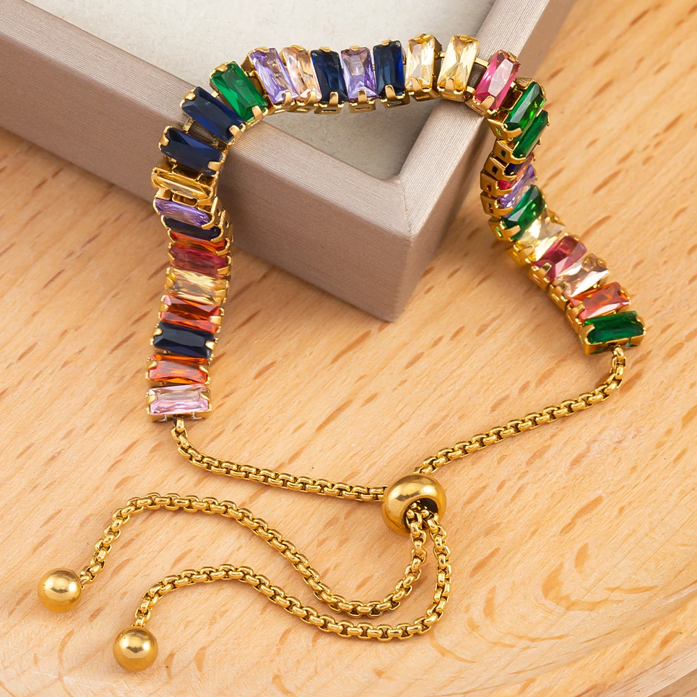 Chaîne réglable en perles de zircone carrées colorées en acier inoxydable, 1 pièce, pour bricolage, Punk Hip Hop, Bracelet brillant