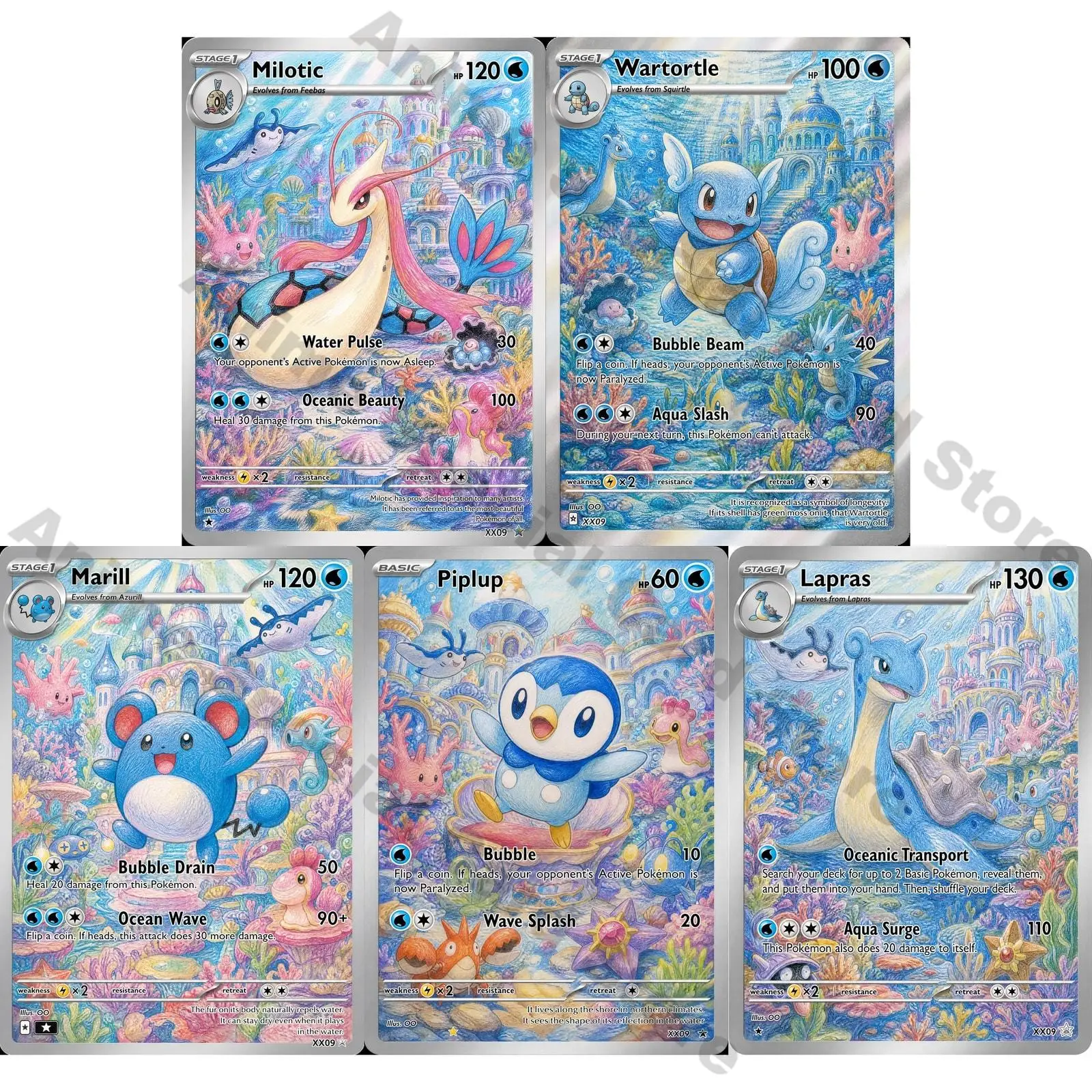 5-cartas-pokemon-ptcg-estilo-lapis-colorido-milotic-squirtle-marill-piplup-lapras-conjunto-de-cartas-raras-presente-pokemon