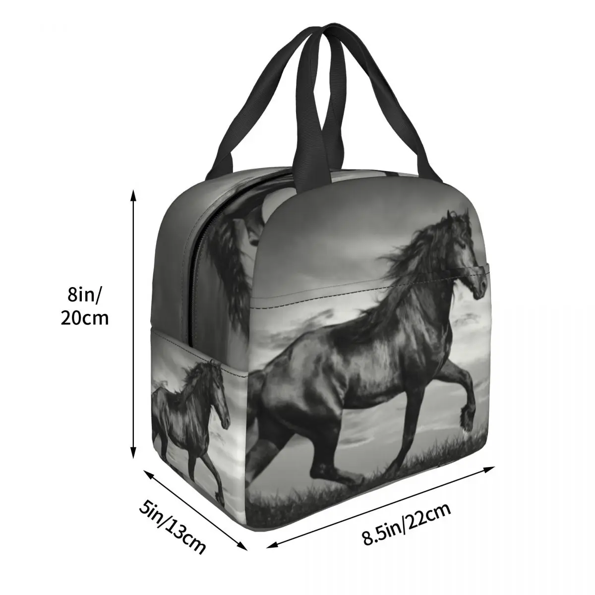 Black Friesian Stallion Prancing Insulated Lunch Bag Resuable Warm Cooler Thermal Horse Lunch Tote Box for Women Kids School