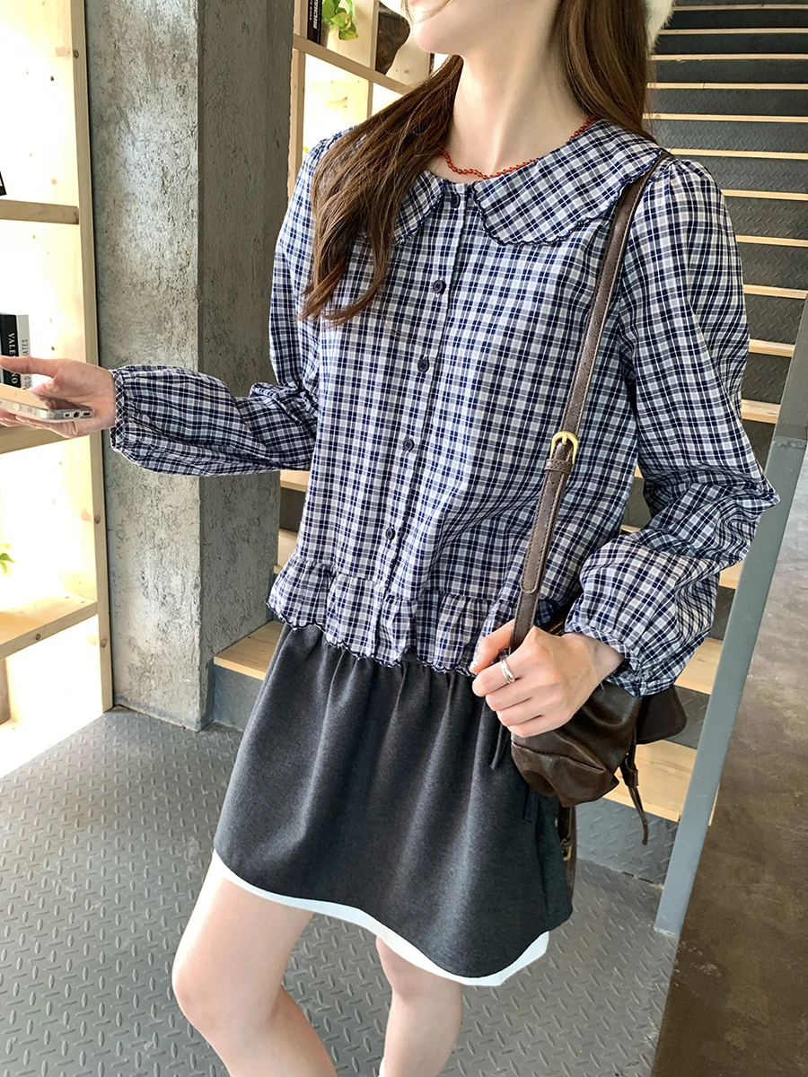 

Holliii Korean Sle Vintage Loose Casual Versatile Doll Collar Plaid Women's irt 2025 New Autumn Season Long Sve Button up