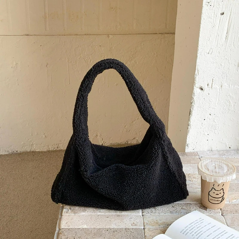 

Зимняя пушистая простая сумка с верхней ручкой, черная корейская модная сумка на плечо для женщин, удобная и универсальная текстурированная сумка-подушка
