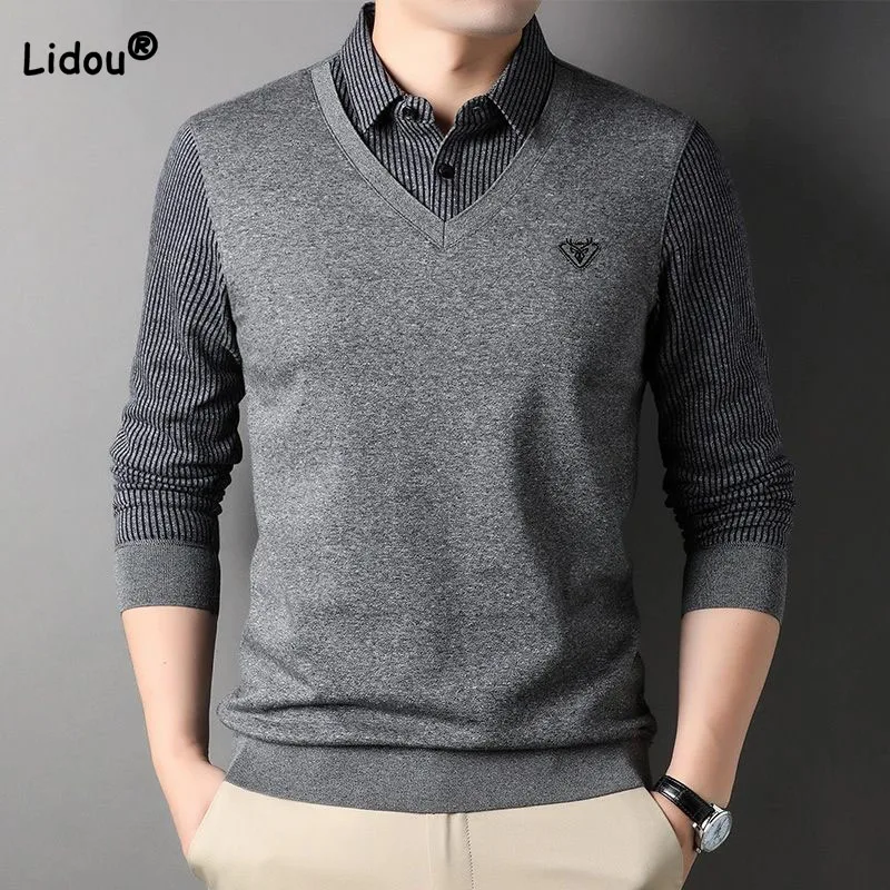 Trend Fashion Men's Fake Two Pieces Polo-Neck Shirt Casual Striped Long Sleeve Spliced Knitted Tops Spring Autumn Male Clothes