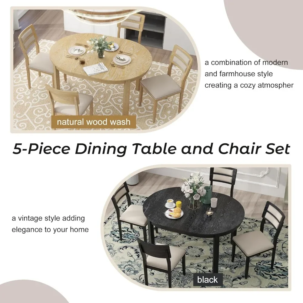 Round dining table set for 4 people, 5-piece extendable kitchen table and chair set of 4 with 4 upholstered chairs and 2 drawers