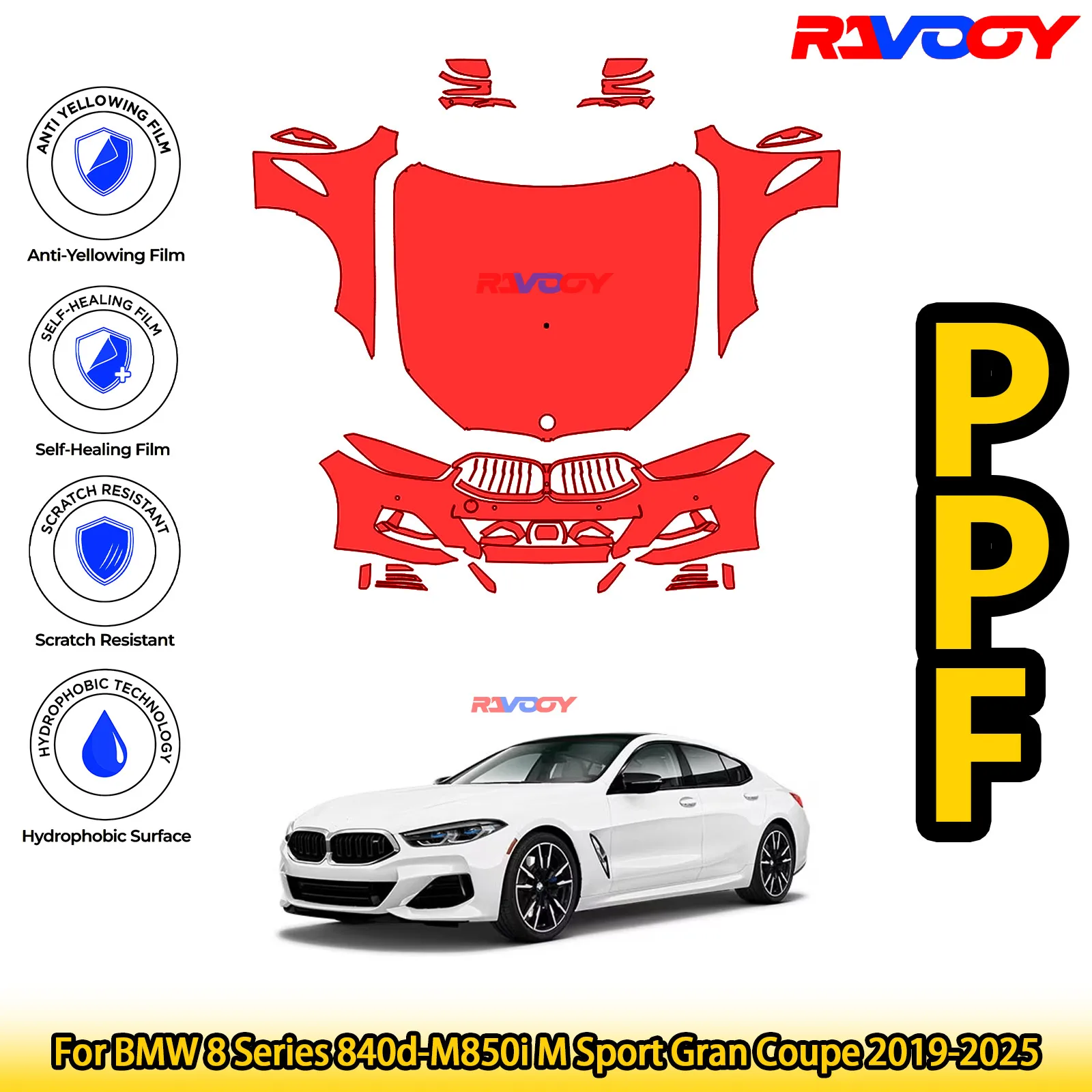 

Для BMW 8-серии 840d-M850i M Sport Gran Coupe 2019-2025, глянцевая матовая черная предварительно вырезанная передняя пленка PPF, комплект защиты от краски