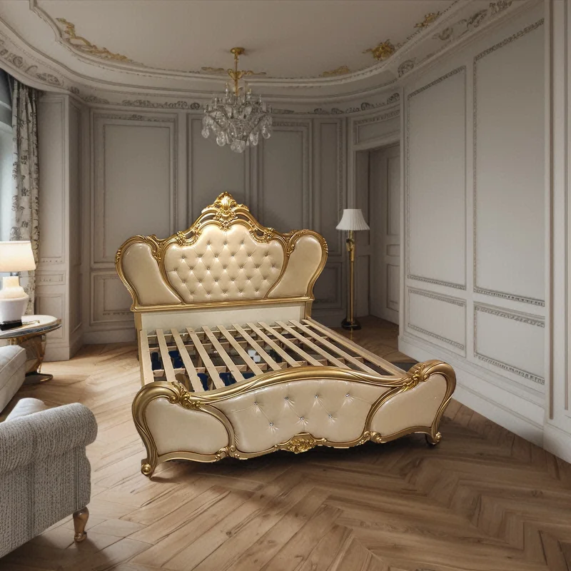 Luxury Champagne Gold Carved French Royal Leather Bed King Size Bedroom Sets For Home Furniture For Apartments