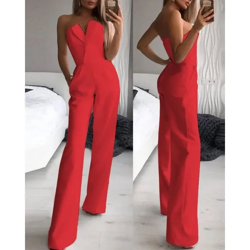 2024 Summer Long Rompers Women Jumpsuit Elegant Strapless Summer Sleeveless Wide Leg Club Party Outfits Work White Overalls