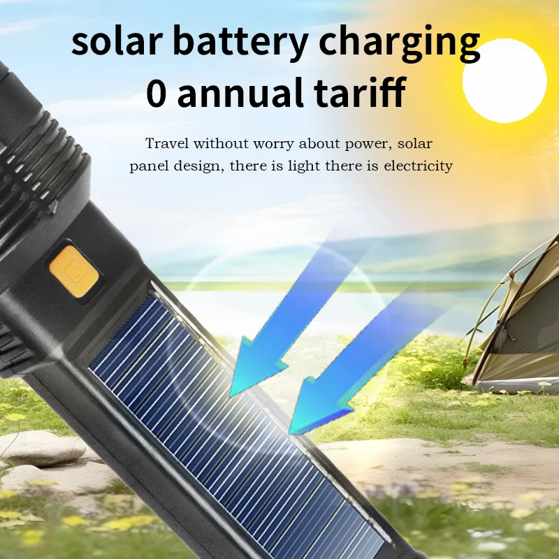 Solar Type-C Rechargeable Flashlight Night Work Lighting Flashlight with COB Side Light Waterproof Camping Outdoor Torch