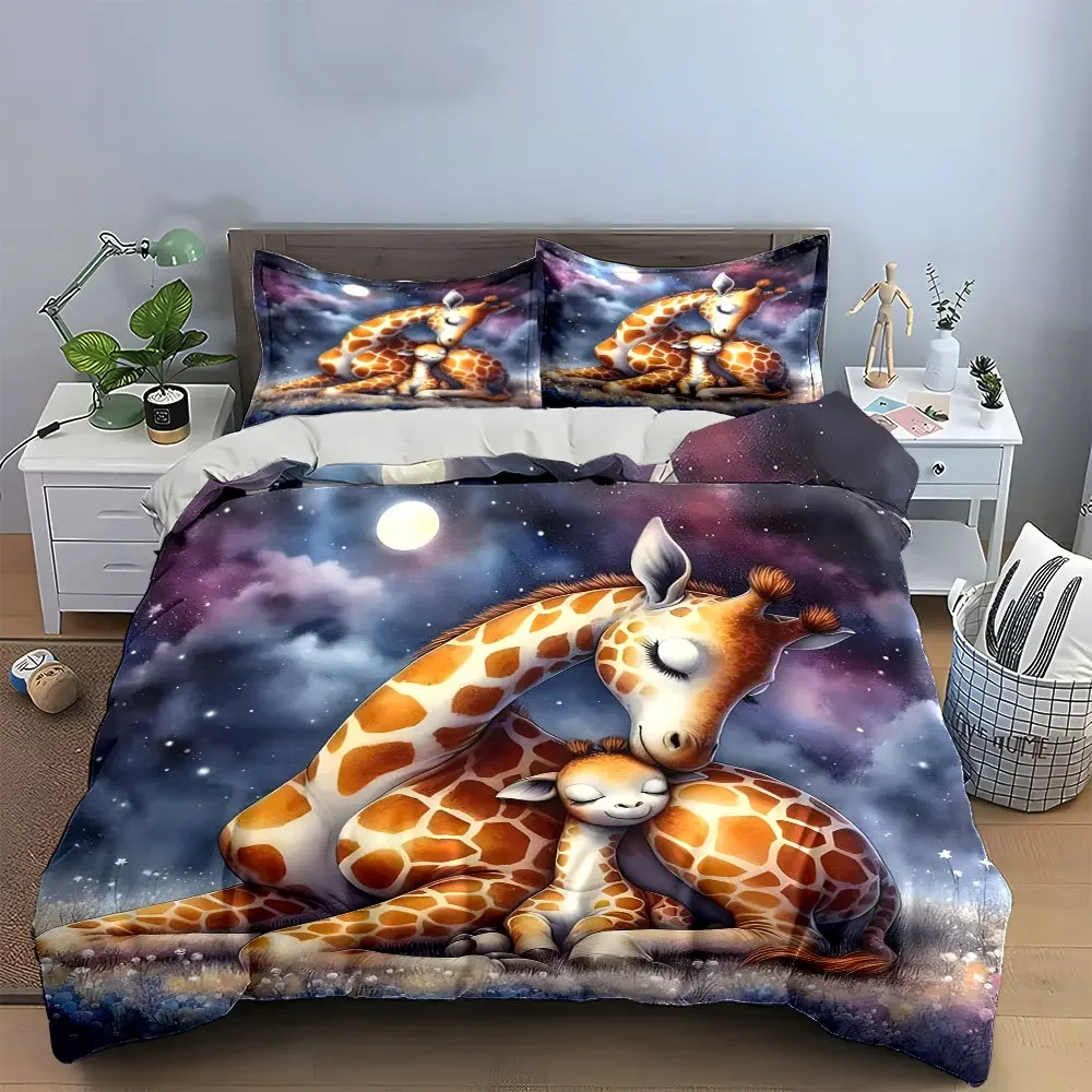 Giraffe Family Starry Night Decor Soft Comfortable Duvet Cover Bedding Set Included 1*Duvet Cover & 2*Pillowcases, gift