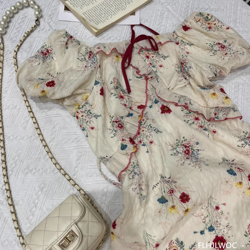 Retro Vintage Ruffles Long Dresses Mori Girls Village Rural Summer Holiday Date Flower Floral Red Cute Sweet Bow Tie Shirt Dress