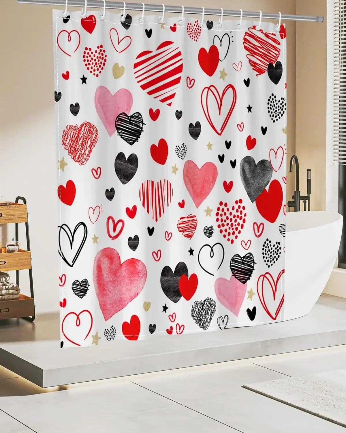 Cute Valentine's Day Shower Curtain Abstract Modern Red and Black Heart Shaped Shower Curtain Bathroom Waterproof