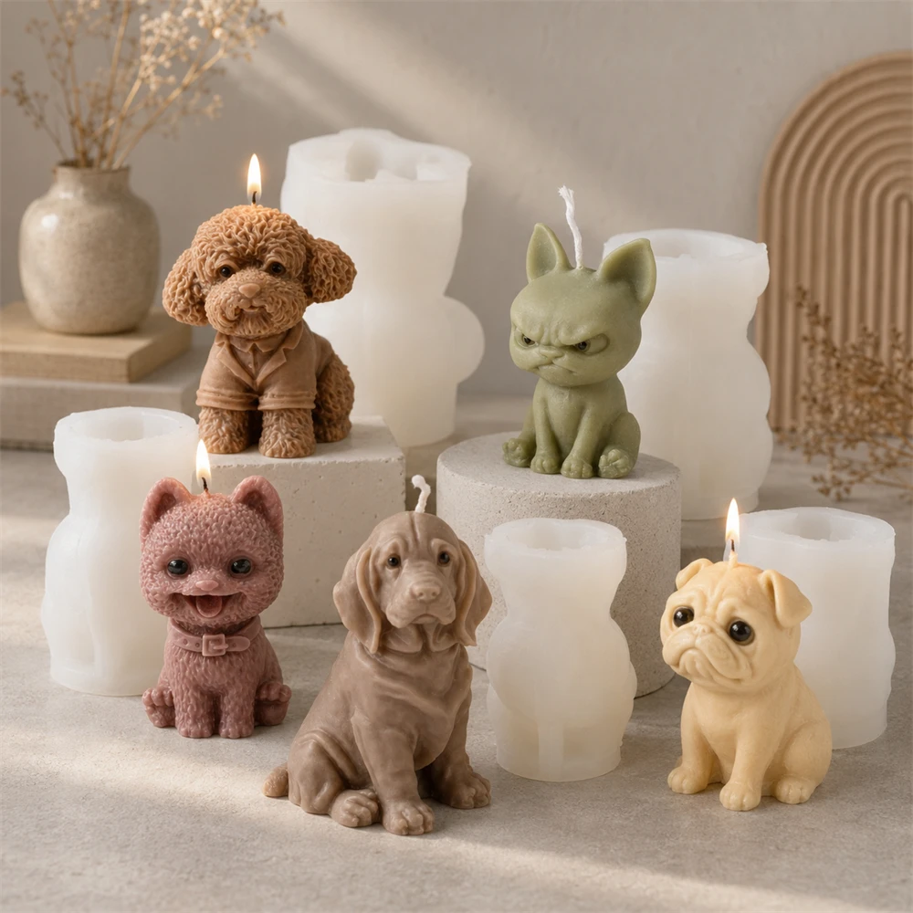 3D Mini Dog Silicone Candle Mold Cute Poodle Cat Puppy Pug Candle Molds for DIY Aromatherapy Candle Plaster Soap Making