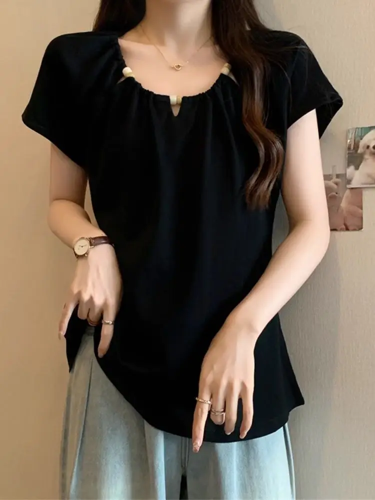 تي شيرت نسائي من القطن الخالص من الصوف الطائر صيفي كاجوال فضفاض ونحيف ومتعدد الاستخدامات