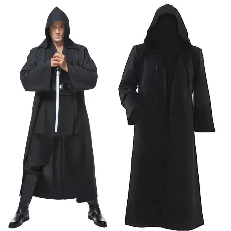 Sorcerer Long Shirt Hooded Black Robe Costume Halloween Cloak Cosplay Costume Wizard Tunic Hooded Robe Adults and Children