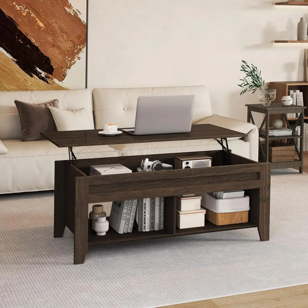 Lit Top Coee Table with Hidden Storage Comparent & 2 Open Shelves, Tabletop Up Center Table or Living Room Retion Room, 47.5'' L