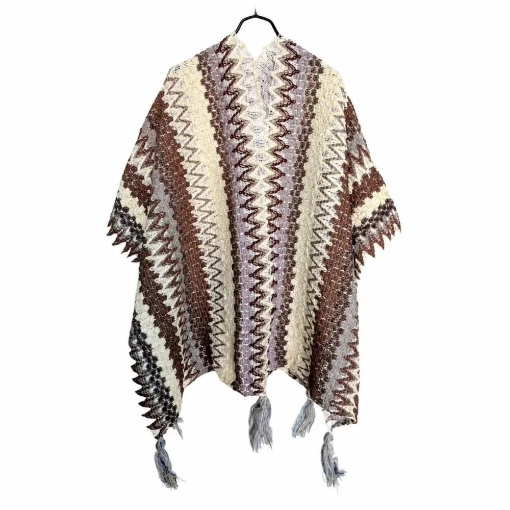 Retro Striped Pattern Knit Poncho Cape Ethnic Print Oversized Tassel Knit Shawl Long Tassel Warm Open Front Poncho For Women
