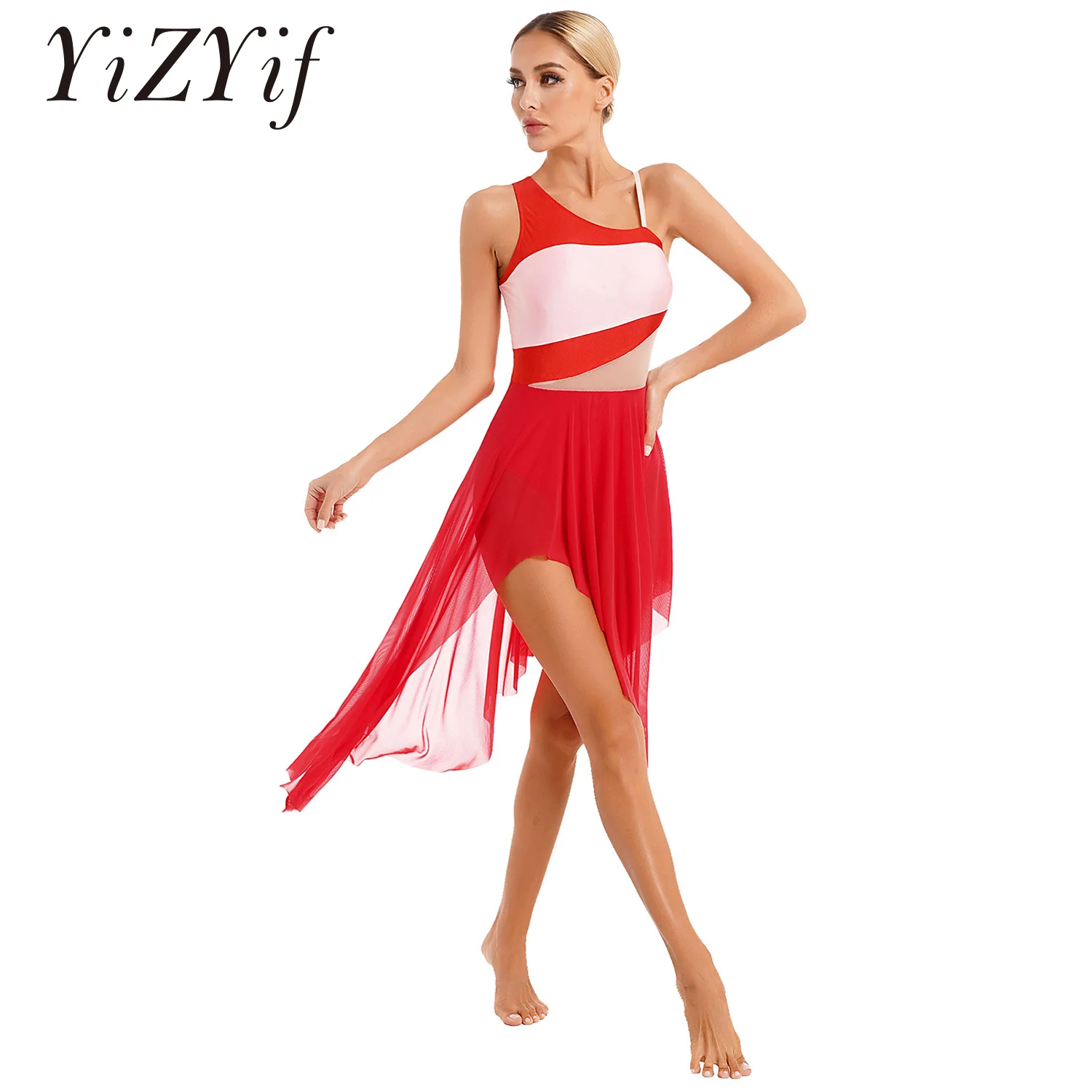 

Women Lyrical Dance Dresses Ballet Dancewear Color Block Irregular Hem Gymnastics Leotard Ballroom Stage Performance Costume