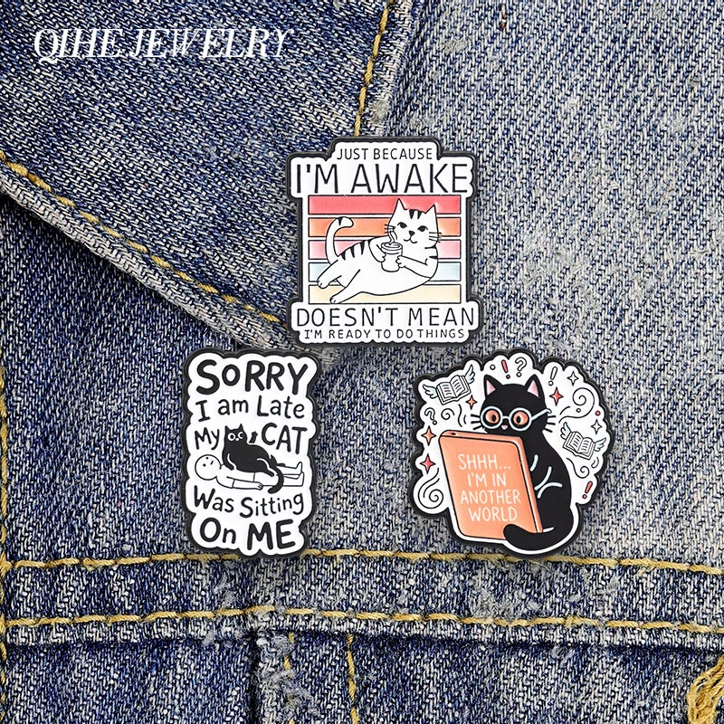 I'm Awake Doesn't Mean I'm Ready To Do Things Coffee Cat Enamel Pin Black Cat Reading I'm In Another World Brooch Jewelry Badges