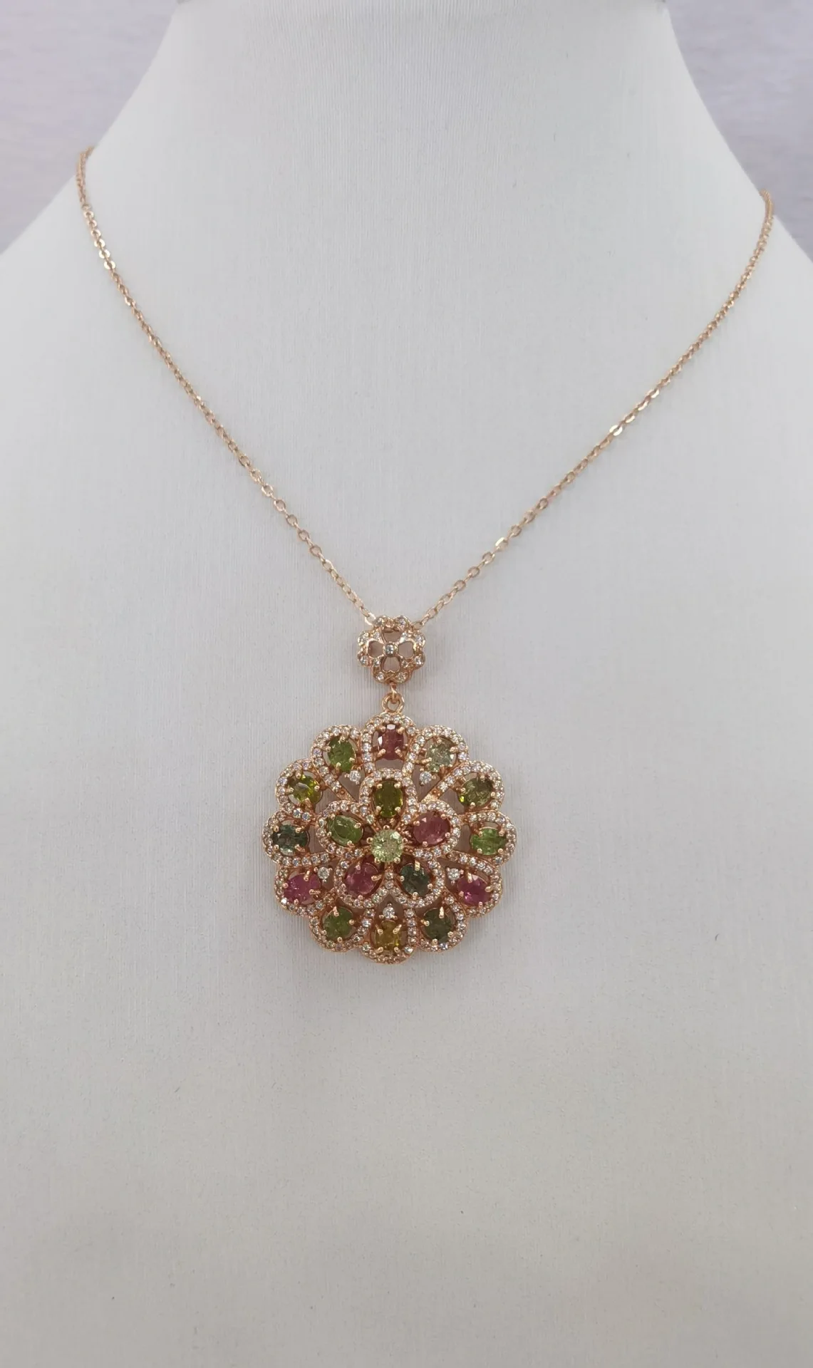 Natural Colorful Tourmaline Flower Pendant S925 Silver Rose Gold Plated Jewelry, Chain Not Included