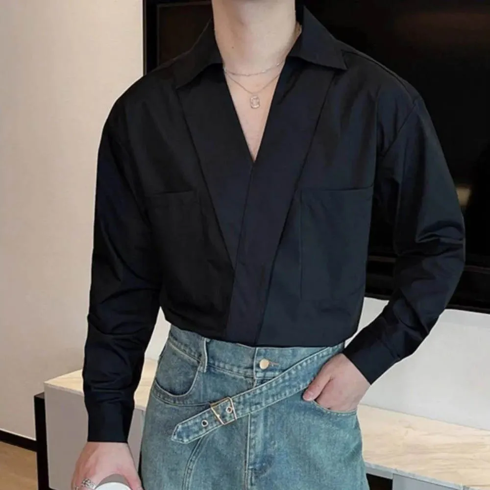 

Autumn New Men's Solid Color V-Neck Long-Sleeved Shirt American Retro Fashion Trend Simple Loose Breathable Casual Men's Tops