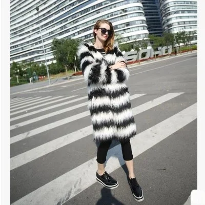 Fashionable  Fur Trimmed Mid-Length Coat round Neck Stripe Patterned Leatherette Jacket Autumn Winter New Arrival Women's ...