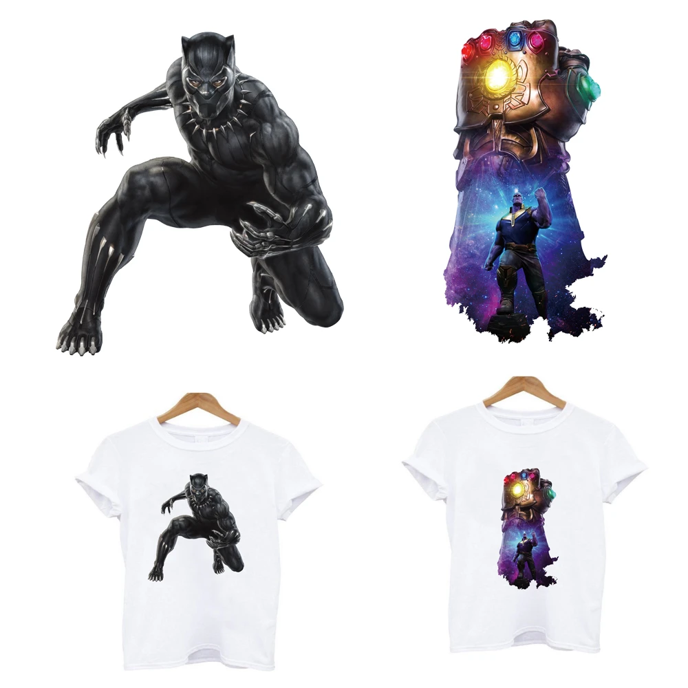 2Pcs/Lot Heat Thermal Transfer Stickers Iron On Fusible Patch For Clothes Black Panther Marvel Thanos Ironing Application Anime