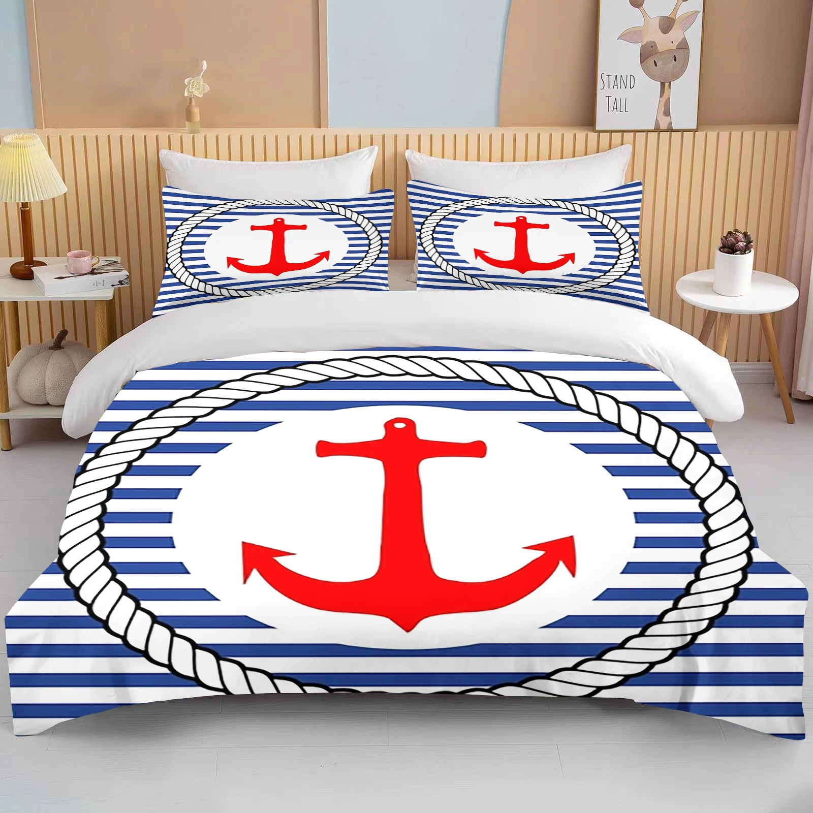 

10 sizes Marine Anchor Pattern Duvet Cover Set Bedding Set Ultra Soft Quilt Cover and Pillowcases for Kids Teens Boys Bedroom