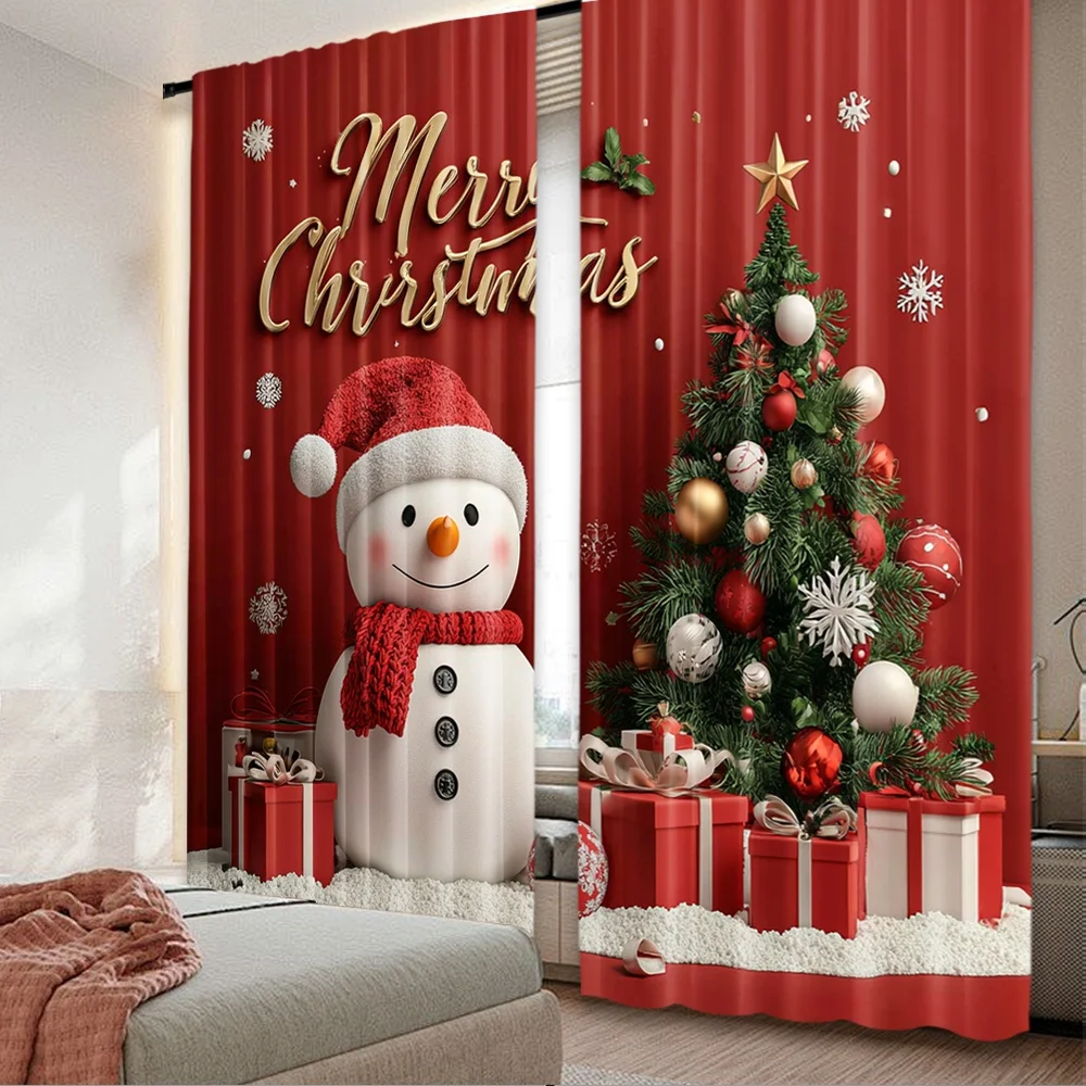 2 Stück 2D-Flachdruck Weihnachten Heiße Vorhänge Festlicher Schneemann Digitaldruck Polyester Vorhänge Festliche Vorhänge für Zimmer Schlafzimmer
