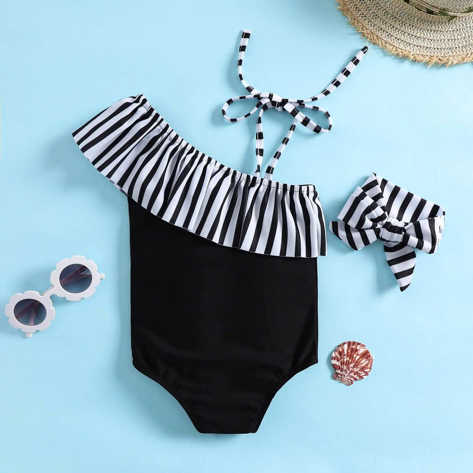 Wholesale 2-8 Years Old Kid Cute One-Piece Swimsuit Stylish Child Girl Swimwear Flouce Single Shoulder Beach Swimming Suit