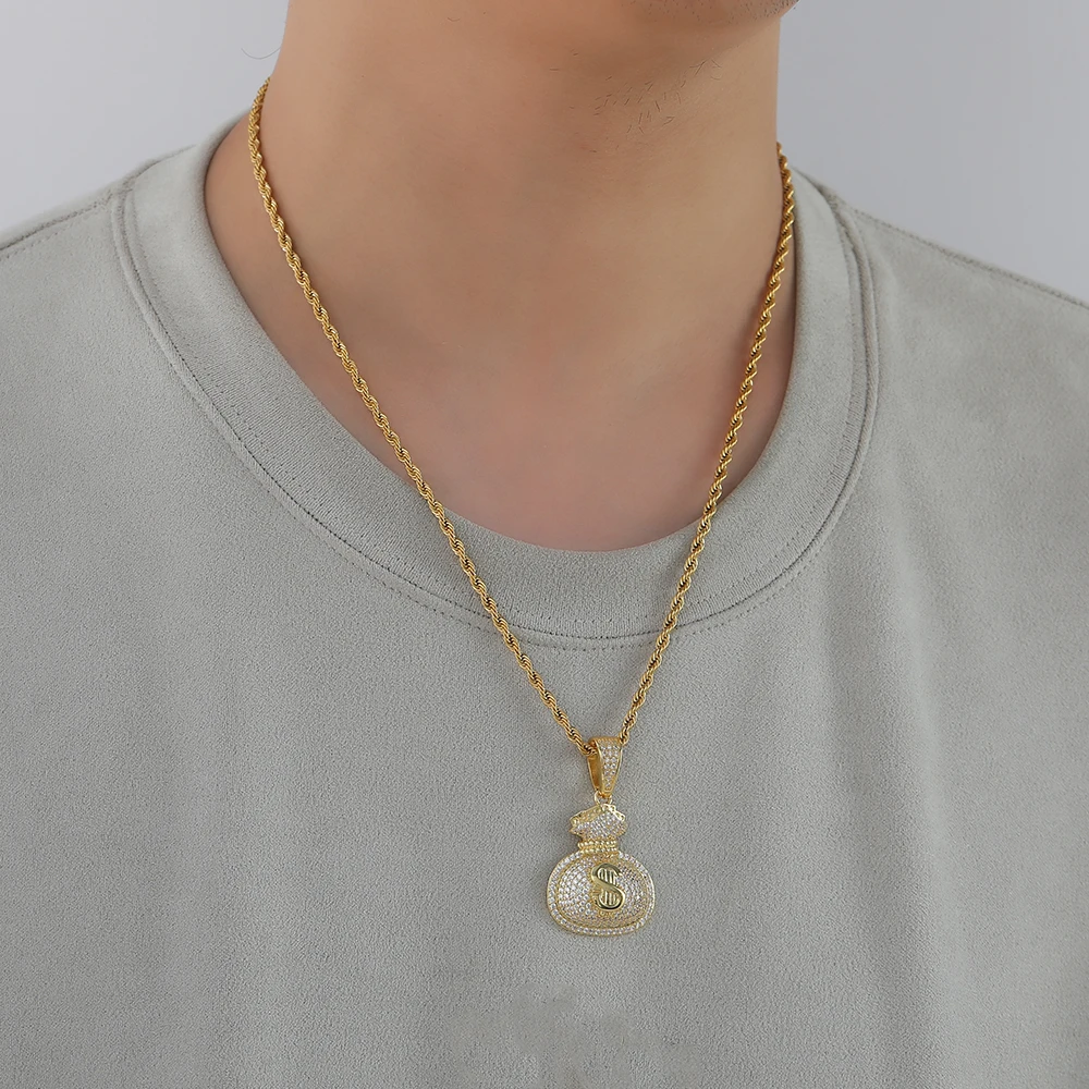 EYIKA Hiphop Men Dollar Sign Money Bag Pendant Necklace Gold Silver Color Twist Chain Bling Iced Out Zircon Rock Rapper Jewelry