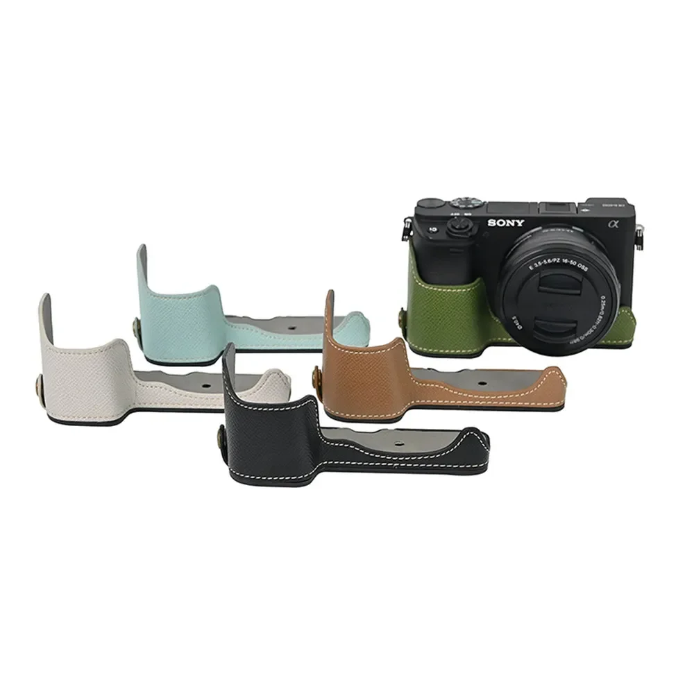 Camera Half Body Case For Sony A6400 A6300 A6000 A6100 Battery Opening Bottom Cover With Hand Strap Palm Print PU Leather
