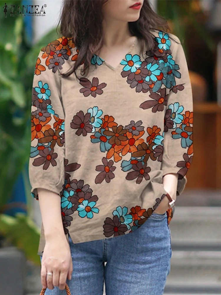 2024 ZANZEA Jesienna artystyczna bluzka z kwiatowym nadrukiem Vintage V Neck 3/4 Sleeve Shirt Casual Loose Tunic Tops Female Holiday Blusas