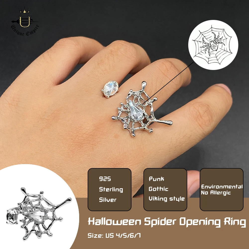 

Открытое кольцо с белым цирконом в виде паутины, в темном стиле, унисекс-аксессуар для вечеринок на Хэллоуин и праздничных подарков