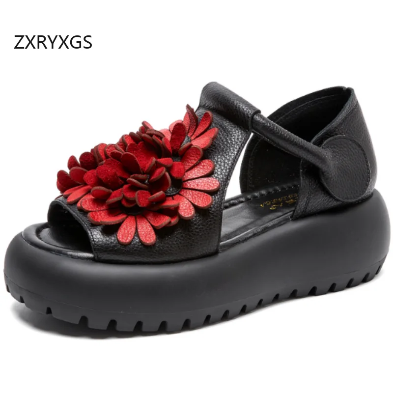 ZXRYXGS Head Layer Cowhide Fish Mouth Flowers Sandals Fashion Shoes Platform Height Increase Sandals Summer Women Sandals 2026