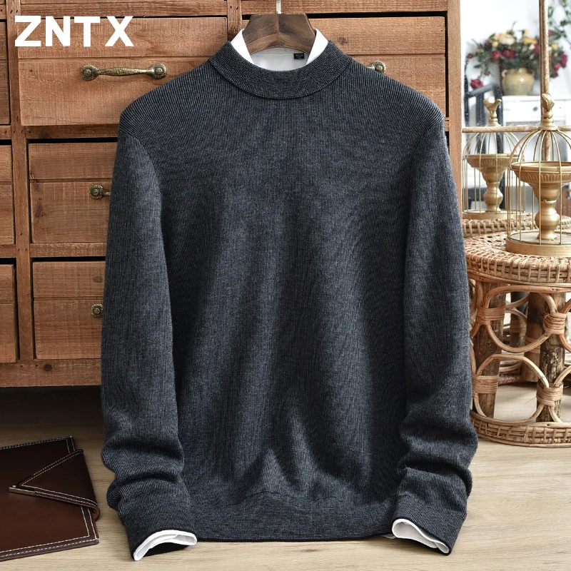 

ZNTX 100% pure cashmere sweater for men, half high neck, spun stripes, winter thick, middle-aged, loose, warm, Japanese style