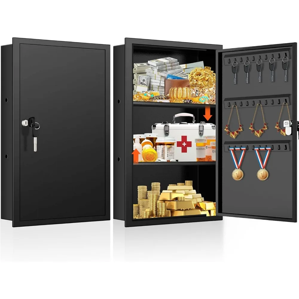 Caja fuerte alta para empotrar en pared entre vigas con estante extraíble y caja de seguridad con cerradura para llaves, joyas, dinero, medicamentos y objetos de valor