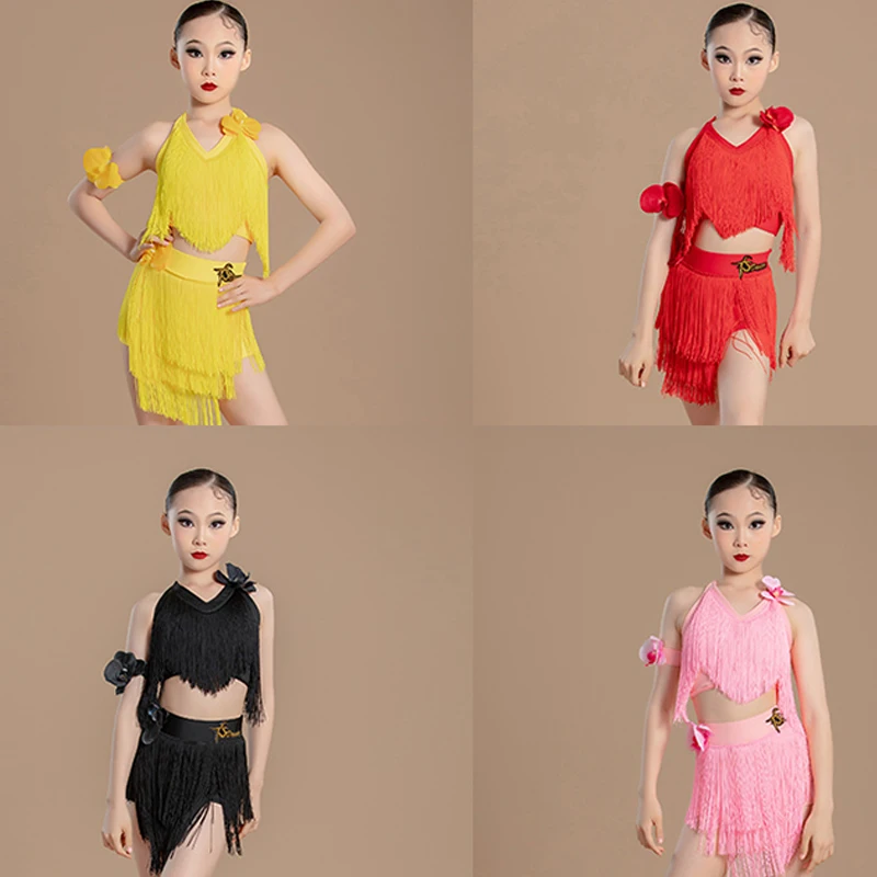 

2024 Latin Dance Competition Clothing For Girls Sling Tops Split Skirts Tassels Suit Children Chacha Latin Dance Dress DN18145