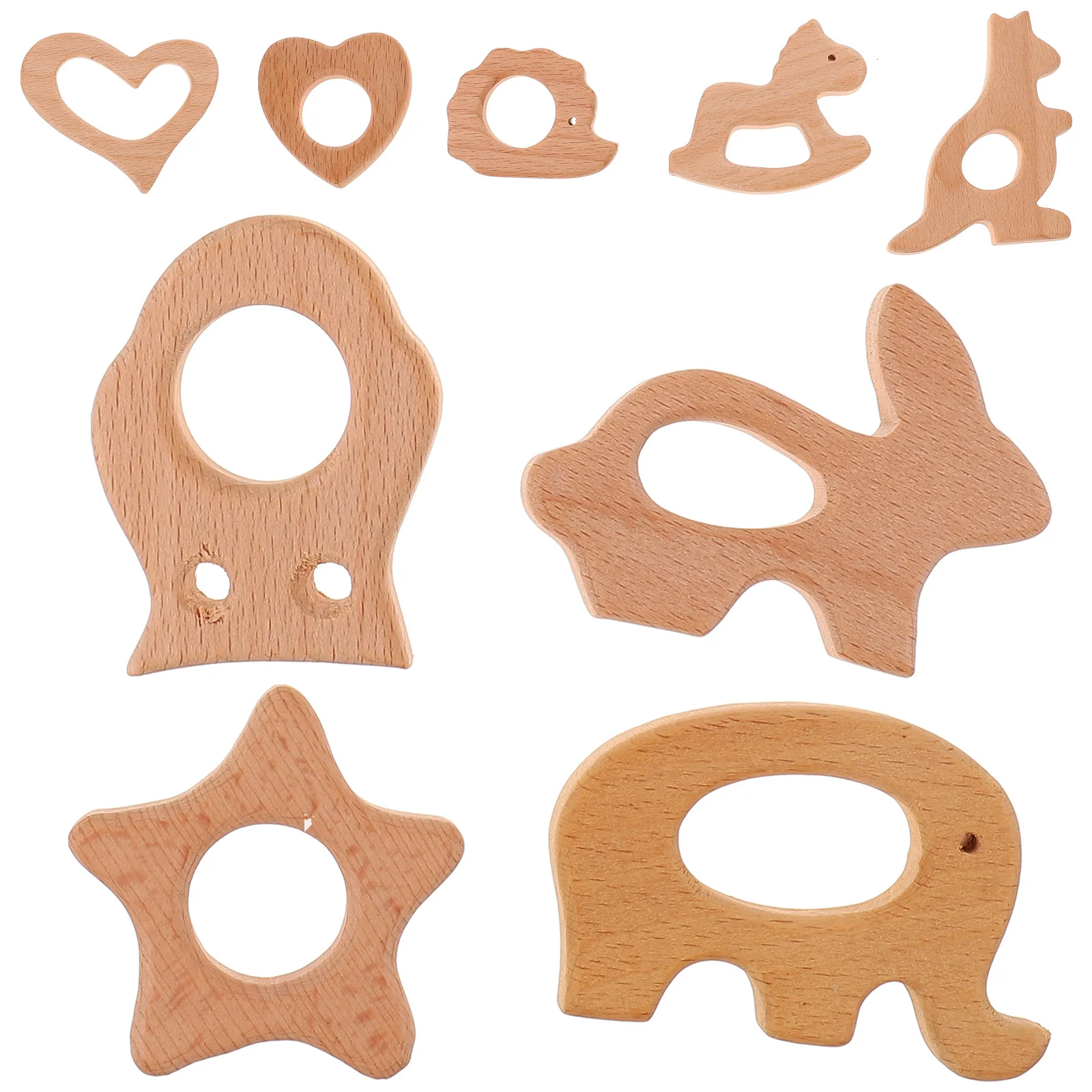 9Pcs Beech Wood Animal for Babies Smooth Natural Infant Teethers Chewable Baby Toddler Soothers