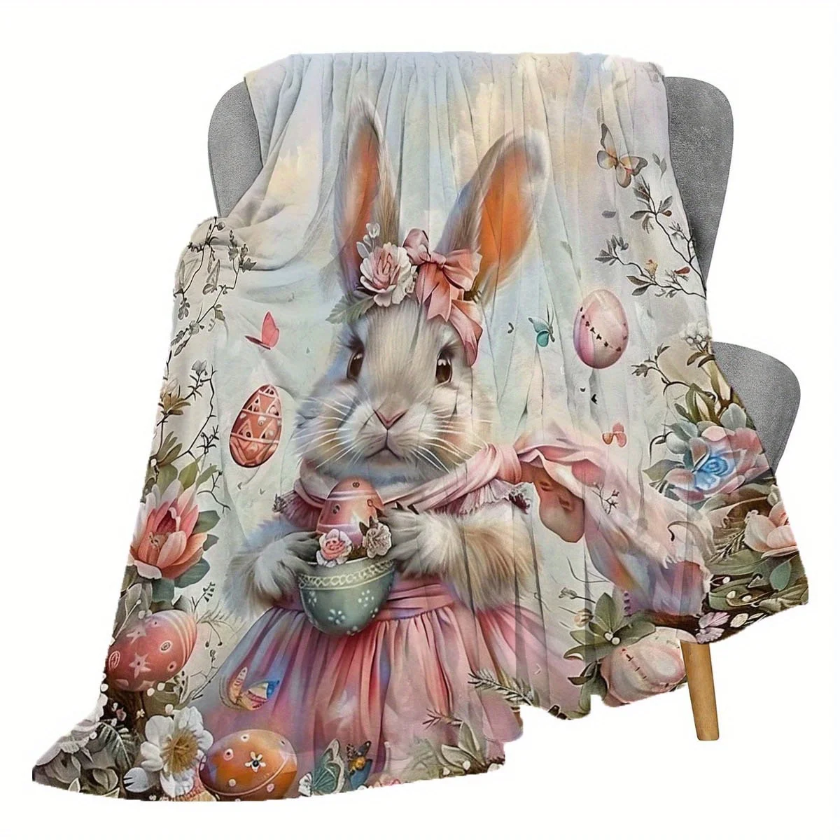 

[Digital Print Bunny Throw] Soft Cozy Bunny Digital Print Throw Blanket - Contemporary Animal-Themed Knitted