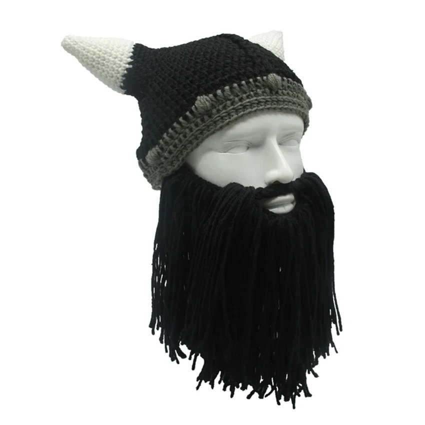 Men&Women Winter Warm Cap Barbarian Viking Beanie Beard Horn Hat Handmade Knit Birthday Cool Funny Gag Party Halloween Xmas Gift