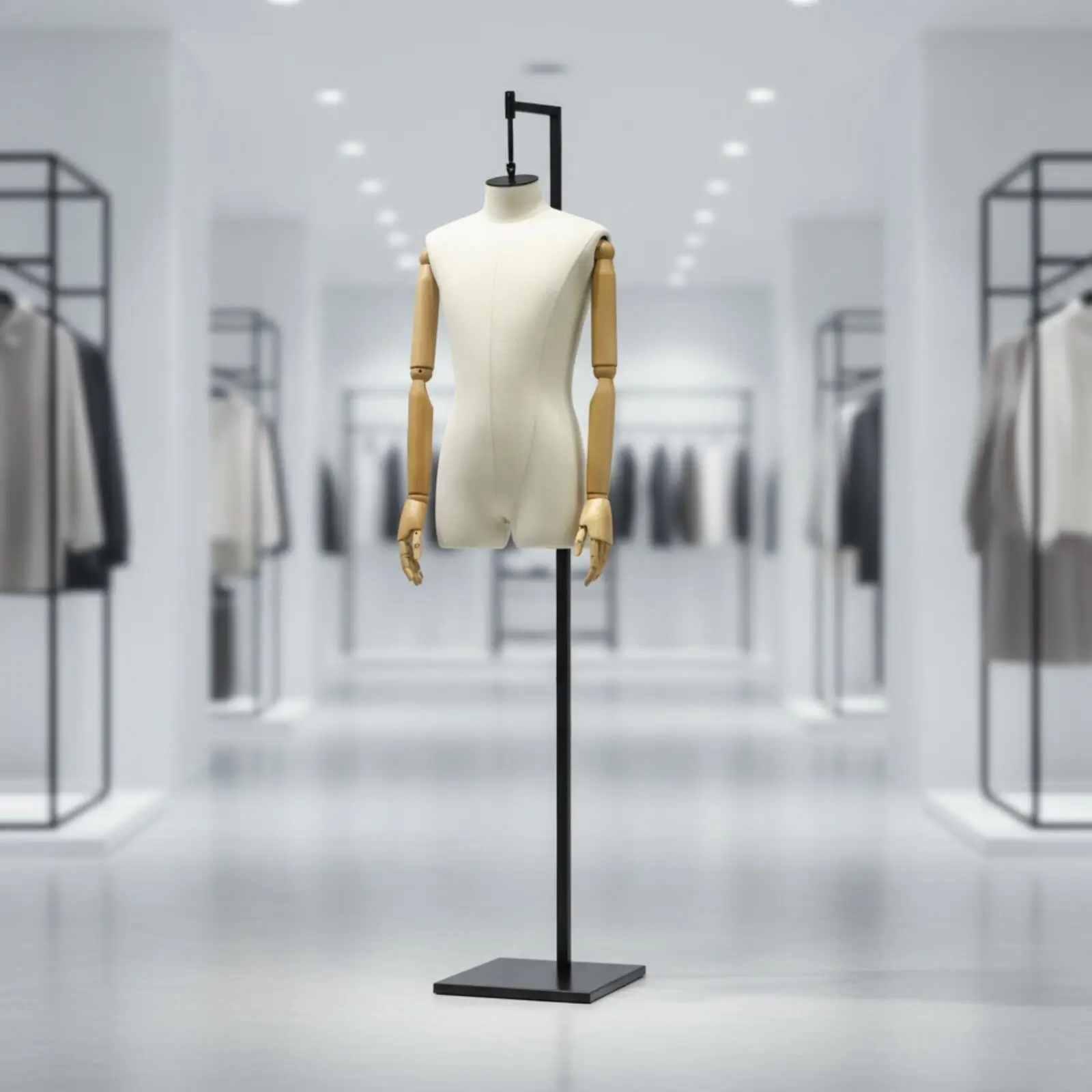 Men Torso Mannequin Display Rack with Linen Finish and Wooden Arm Options for Apparel Store Window Dressing Show