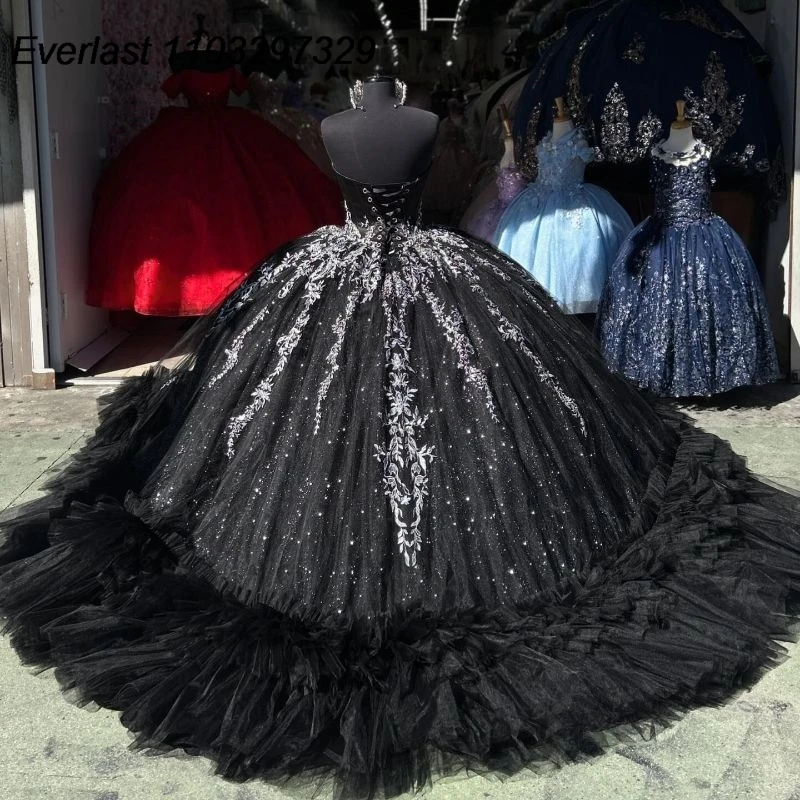 Evlast Zwarte Quinceanera Jurk Baljurk 2024 Kanten Applique Kralen Gelaagde Korset Mexican Sweet 16 Vestidos De Xv 15 Anos Tqd649